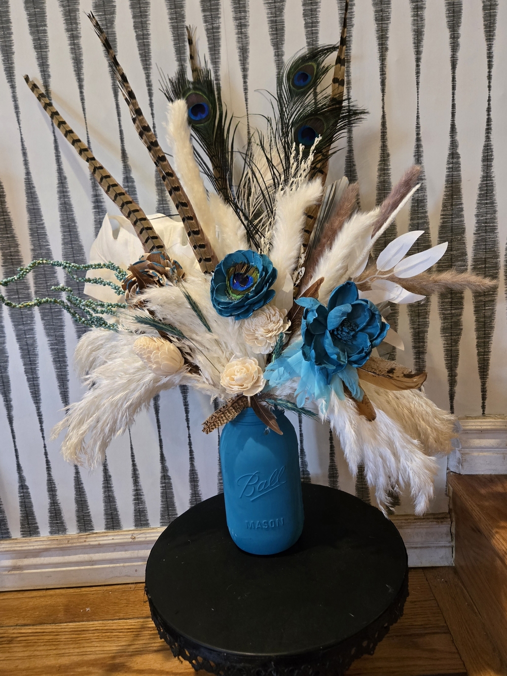 Teal & White Peacock Boho Floral Arrangement with 32 oz Mason Jar Vase